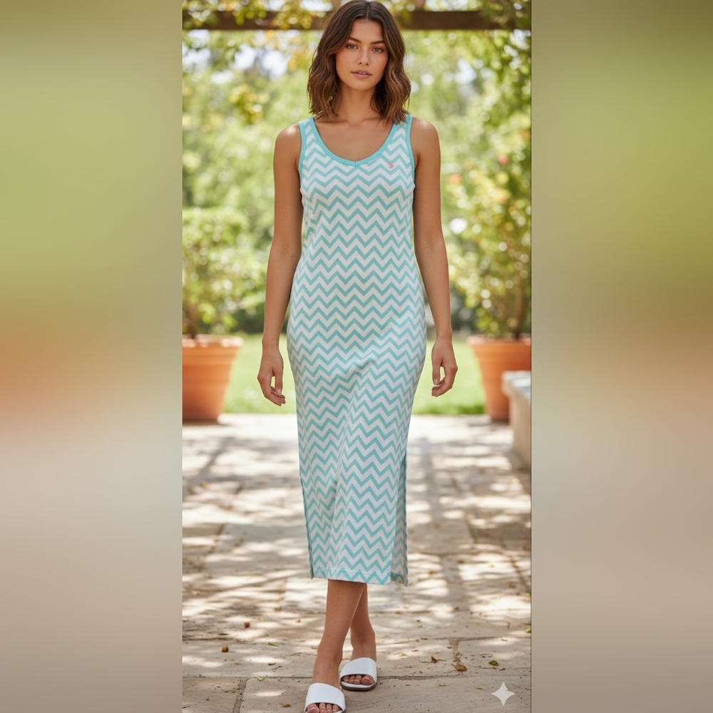 US.POLO ASSN. Stretch Cotton Jersey Chevron Sleeveless Tank Midi Dress Aqua M